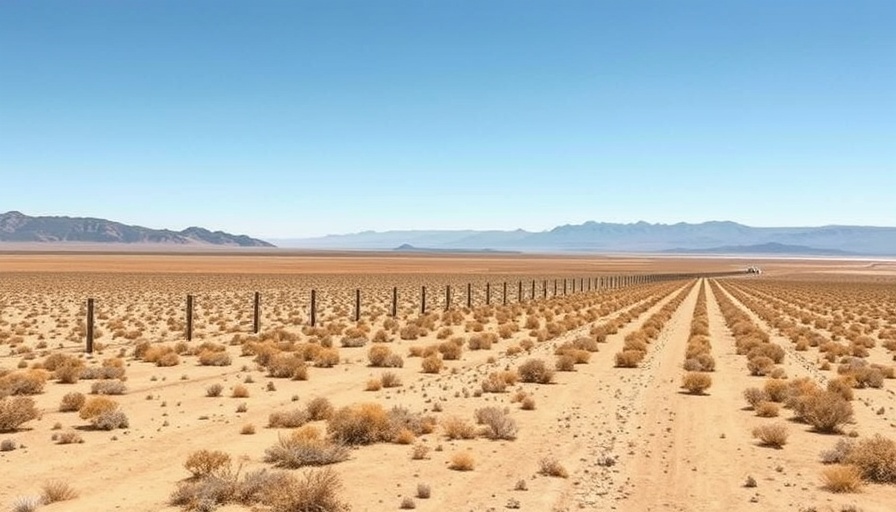 Expansive border landscape with fence and desert terrain.