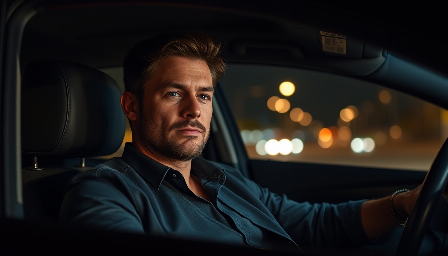 Casually dressed man sitting inside car at night, subdued lighting.
