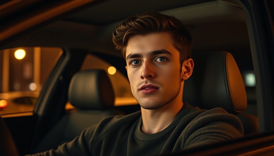 Breaking news today: casual young man in a car, nighttime setting.