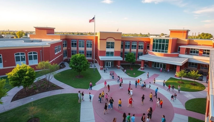 Aerial view of modern Texas school with children playing, highlighting public school funding.
