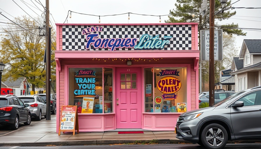Charming San Antonio storefront with colorful signs and checkerboard decor.