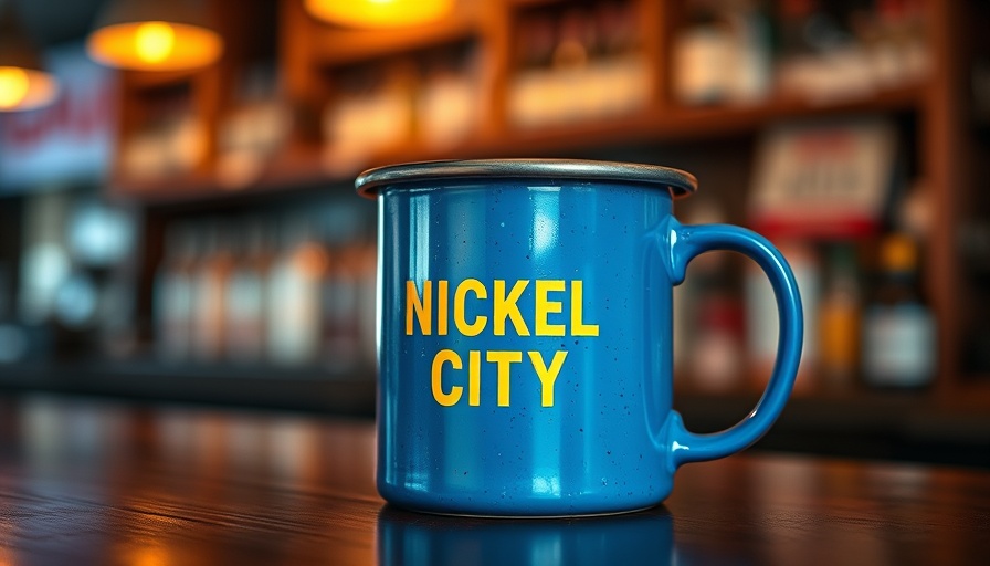 Blue Nickel City mug at Austin bar.