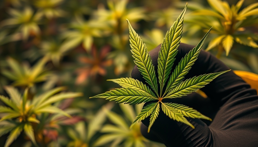 Gloved hand holding vibrant green cannabis leaf amidst plants.