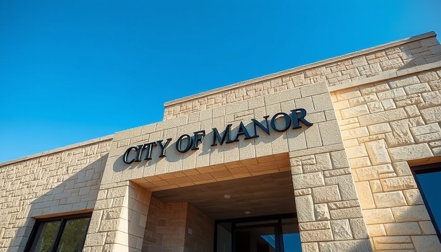 City of Manor building entrance, fastest growing suburb Austin.