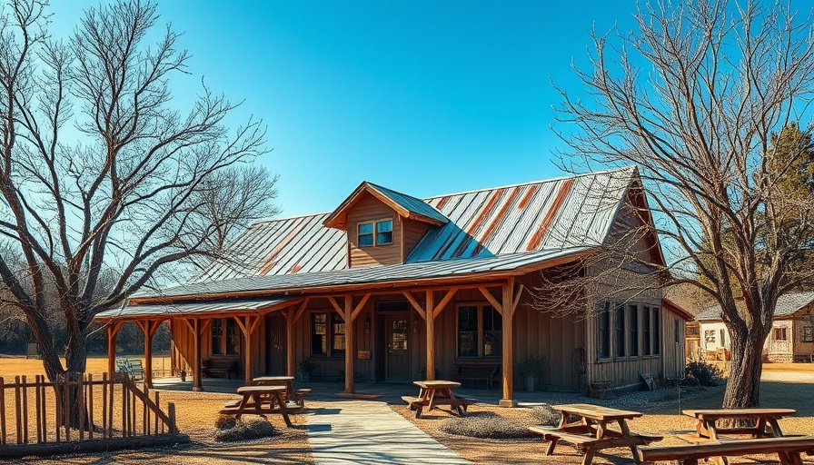 Austin winery and brewery rustic exterior with picnic tables.