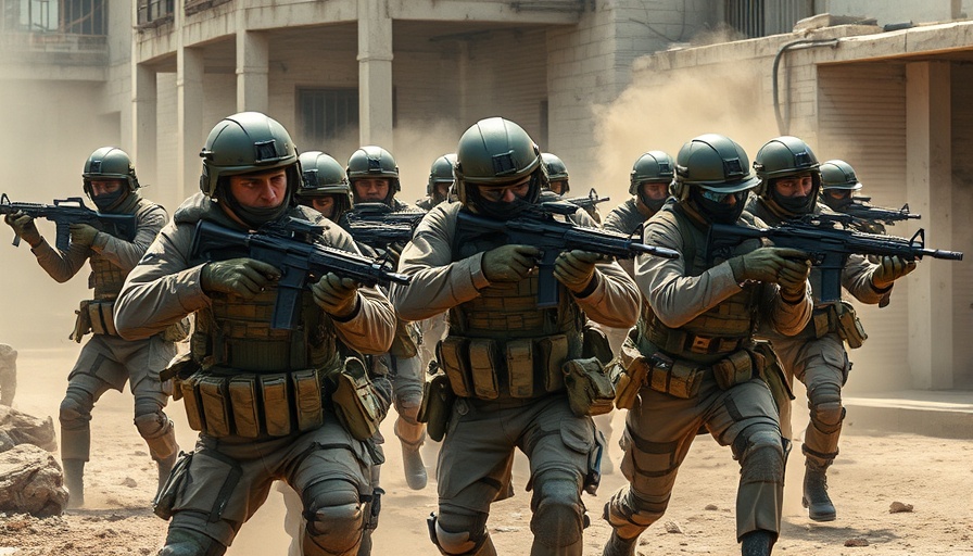 Soldiers in combat during urban warfare, intense scene.