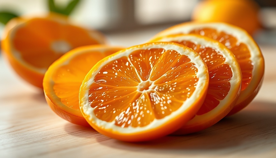 Juicy sliced orange wedges on a wooden surface.