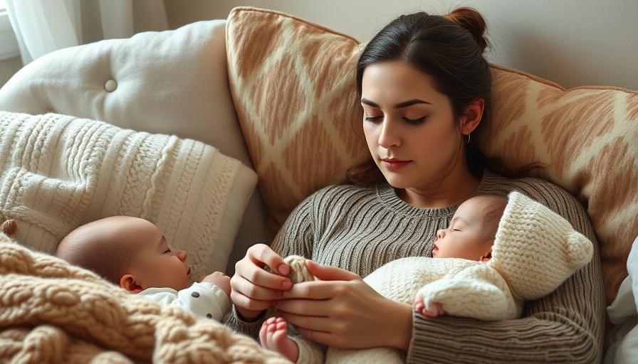 Homegrown Garments: Woman knitting beside a sleeping baby on a cozy couch.