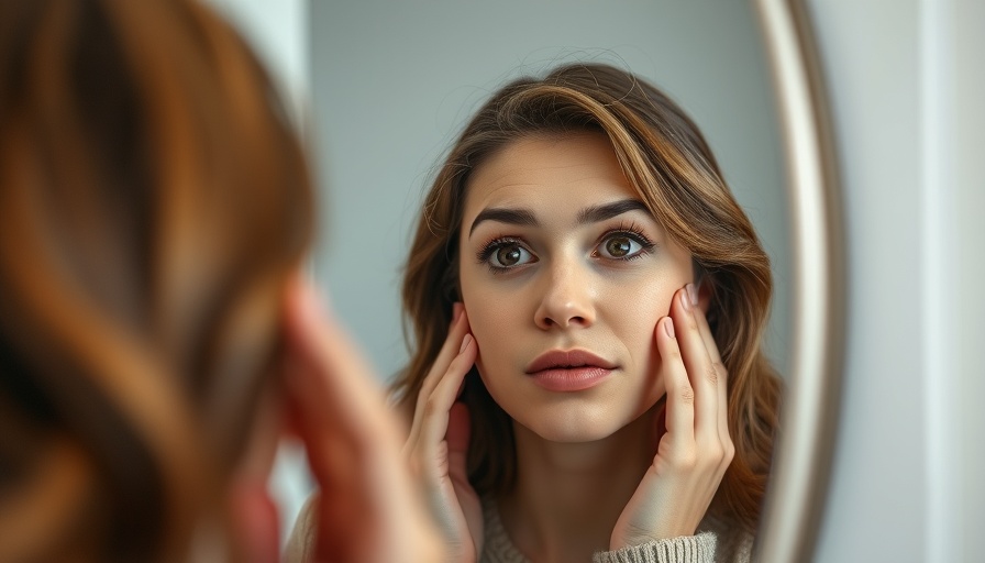 Woman checking her skin in a mirror, cortisol face concept.