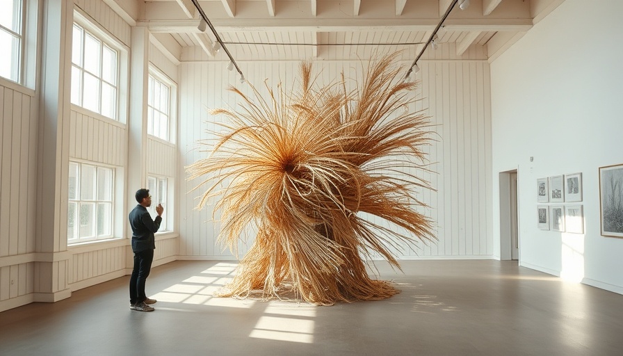 La Cuna Center Art Exhibition featuring dried grass sculpture in minimalist gallery.