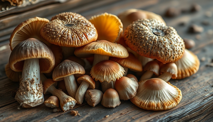 Diverse medicinal mushrooms on rustic wood showcasing benefits.