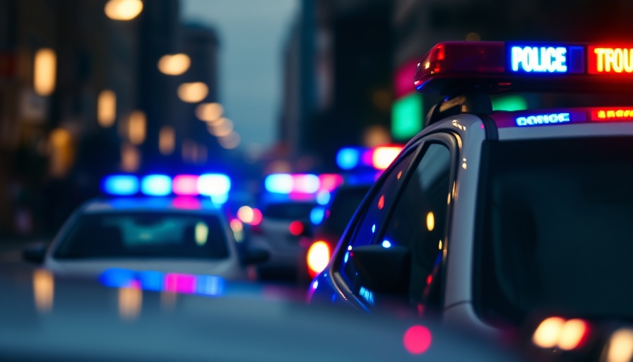 Blurry police cars with flashing lights in urban scene, related to 2-vehicle crash on Highway 71.