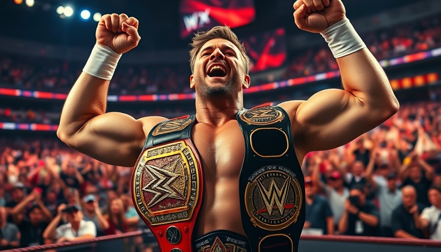 Champion wrestler celebrates victory in arena.