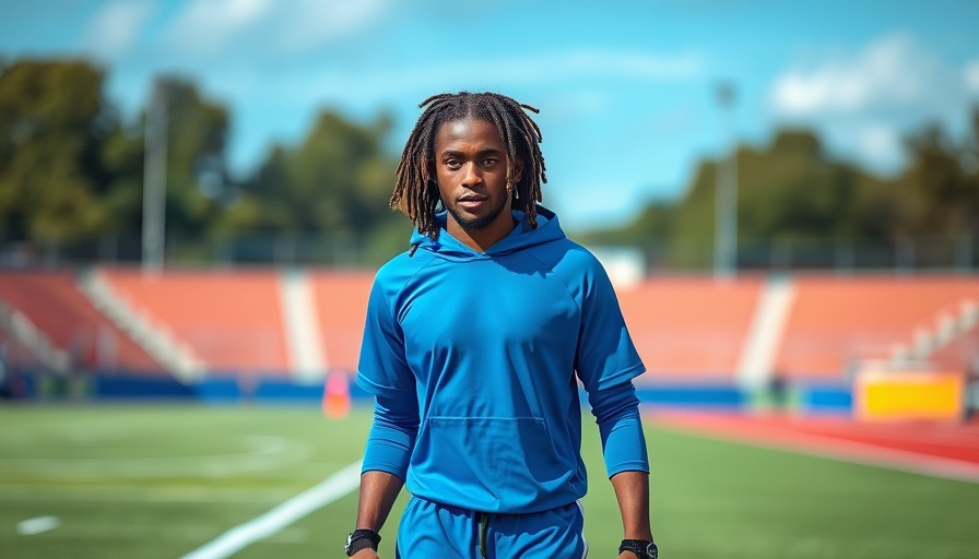 NFL Draft prospect in blue jersey walking confidently on field.