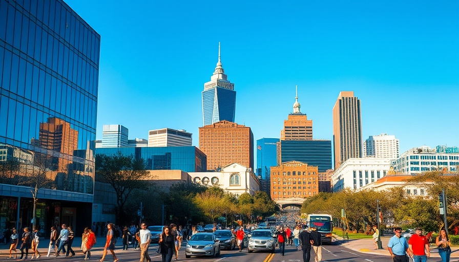 Bustling Austin downtown scene with skyline for austin local news.