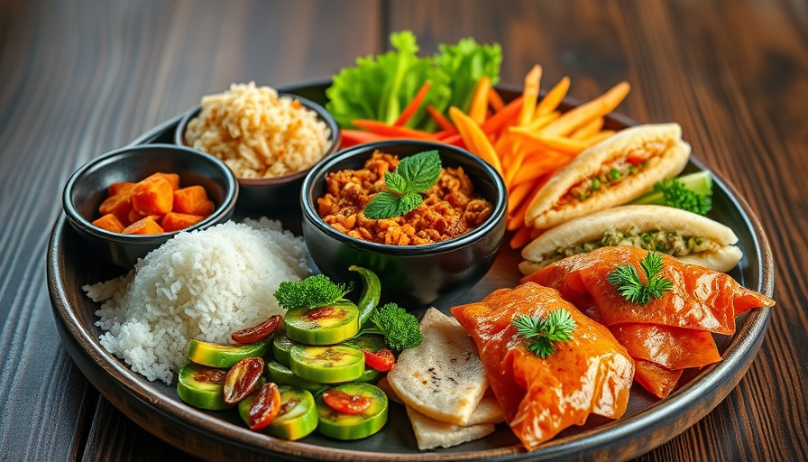 Austin lifestyle dining with Asian cuisine on wooden table.