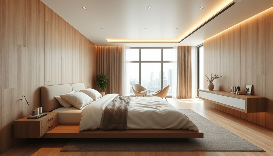 Stylish modern bedroom at proposed Austin resort near Barton Creek.