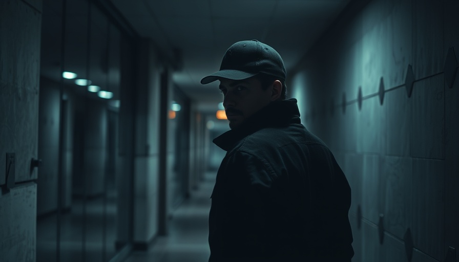 Surveillance image, individual in dark clothes, dim corridor.