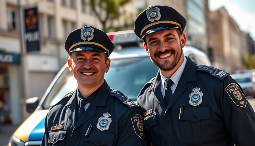 Austin police officers smiling in bright sunlight, city street.
