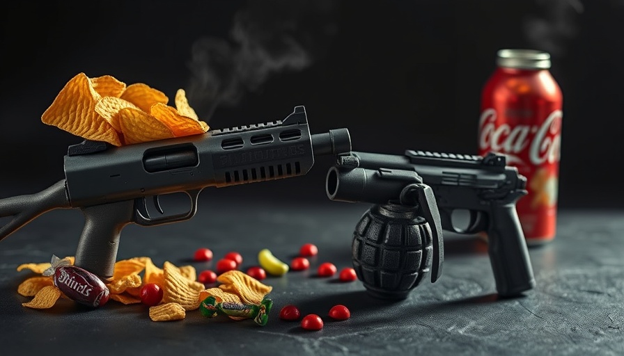 Processed foods like chips and candies shaped as weapons, conceptual art.