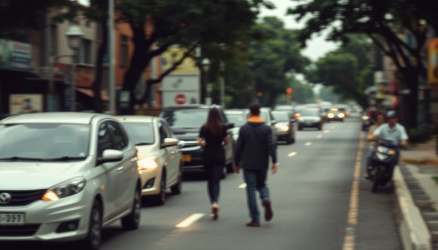 Blurry street scene under overcast skies with parked cars.