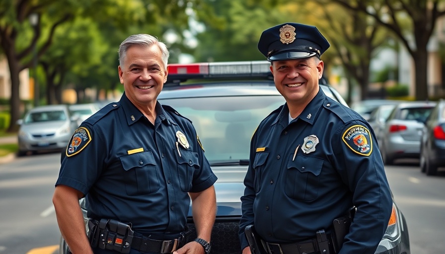 Two smiling police officers in Austin standing outside.