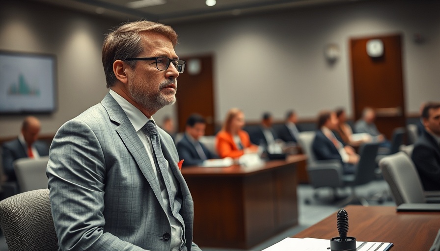 Businessman in gray suit speaking at a microphone during a meeting, highlighting Brian Busby bribery conviction.
