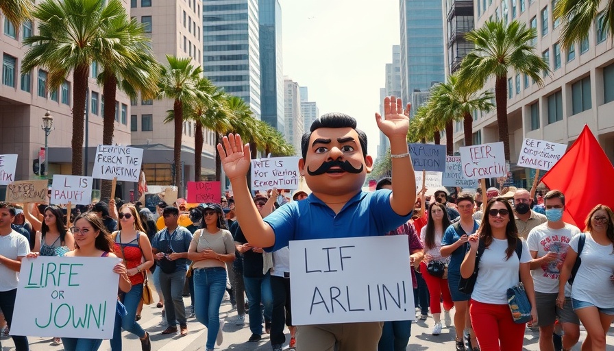 Anti-Trump protests with signs and inflatable figure.