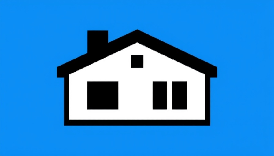 Stylized house icon with abstract squares on blue background.