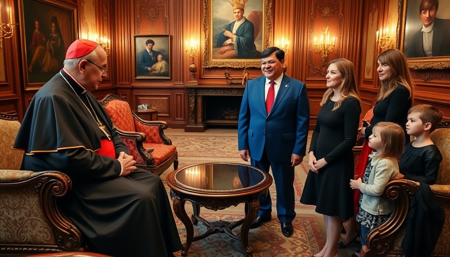 Vatican meeting with a cardinal and family in ornate room, highlighting migration concerns.
