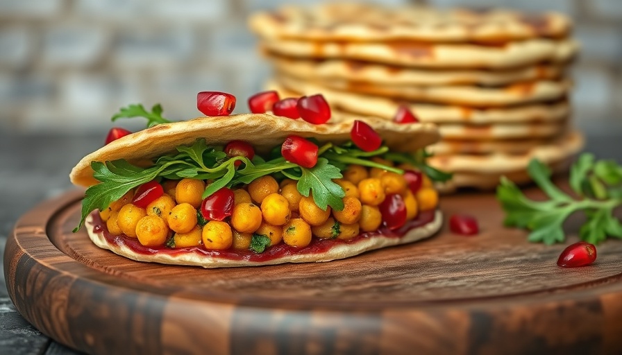 Chickpea flatbread sandwich with arugula and pomegranate.