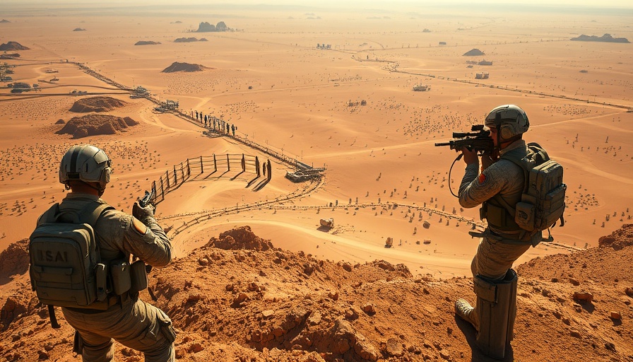 US Army control of border land with soldiers on patrol.