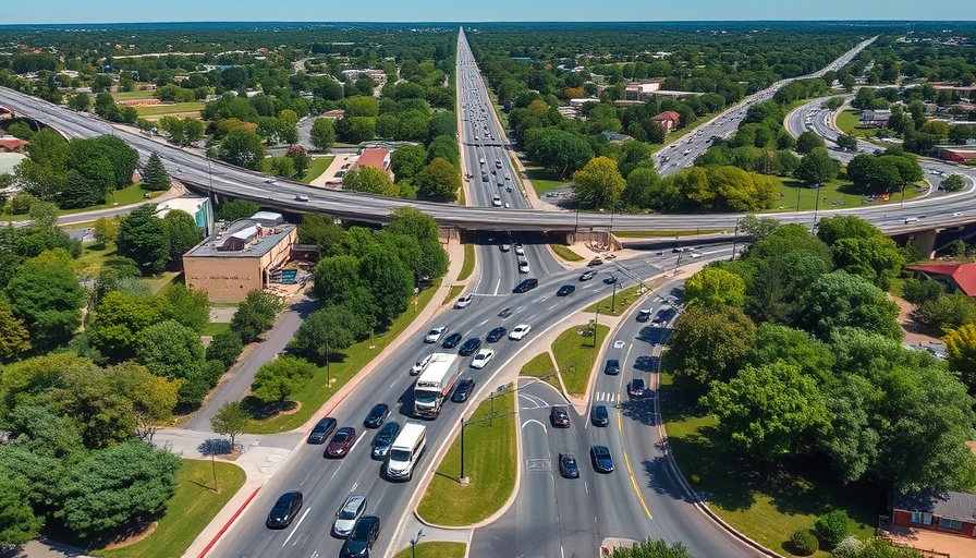 Aerial view of Cedar Park frontage roads with greenery and cars.