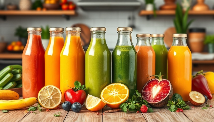 Colorful Austin superfood smoothies in glass bottles on wooden table