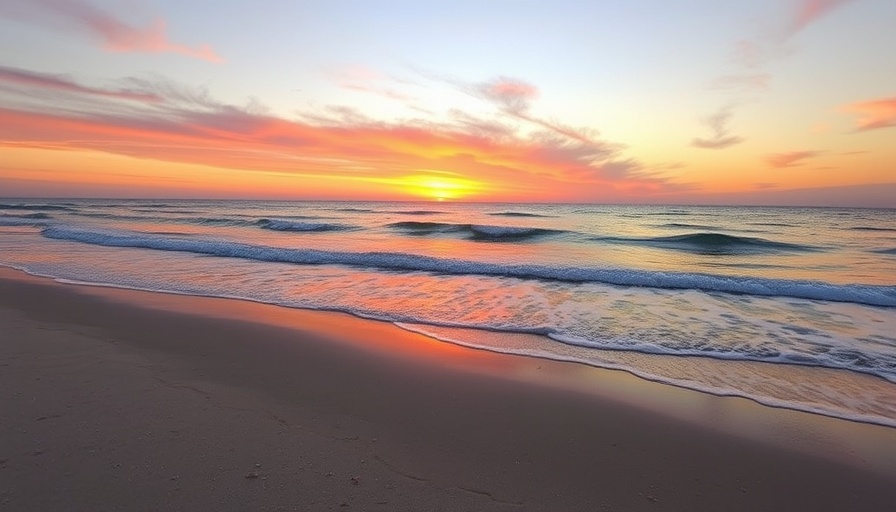 Galveston Beach at sunset with calm waves.