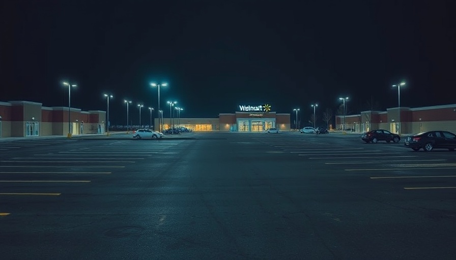 Dimly lit Walmart parking lot at night with few cars.