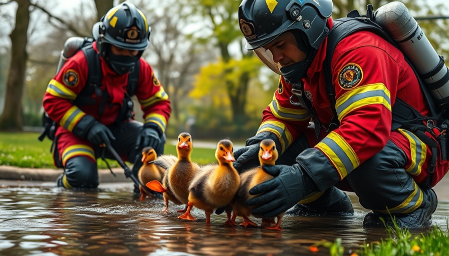 Firefighters gently rescue ducklings in urban park