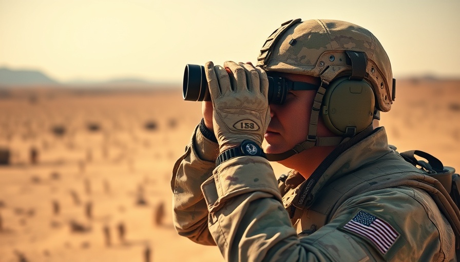 US Army officer on border control land using binoculars.