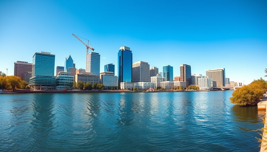 Austin skyline from river, bright day, lush trees.