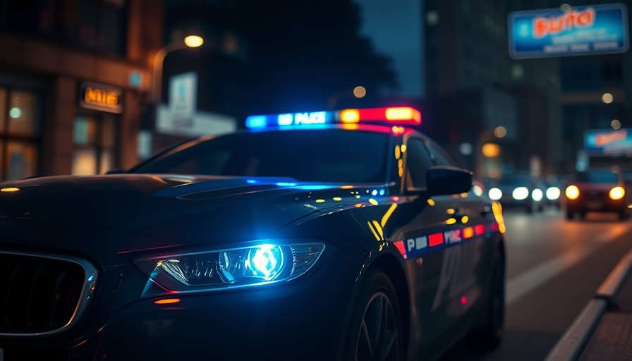 Police car with flashing lights during night patrol, Oklahoma
