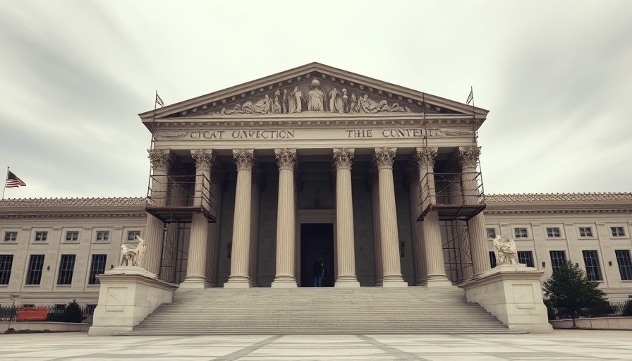 Supreme Court facade under scaffolding with overcast sky.