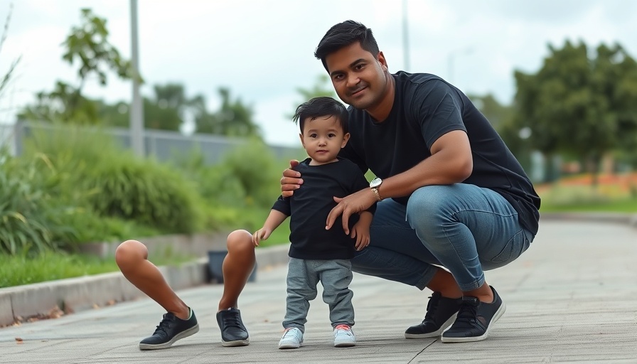Casual outdoor photo of adult and toddler under overcast sky.
