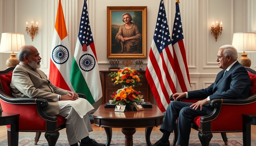 Leaders discussing bilateral trade agreement India with flags in background.