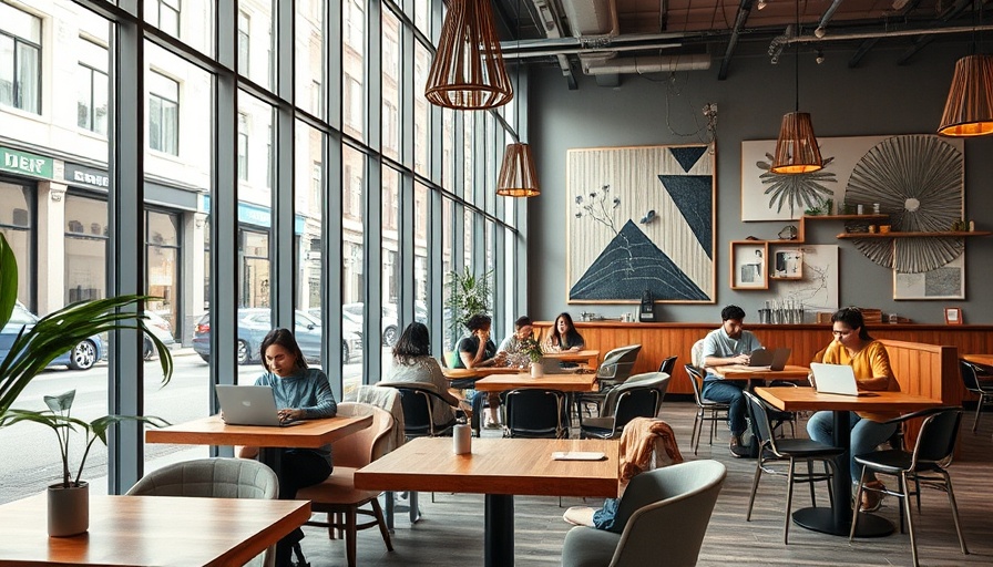 Trendy cafe scene with people working, featuring modern decor and natural light, ideal for Austin lifestyle magazine.