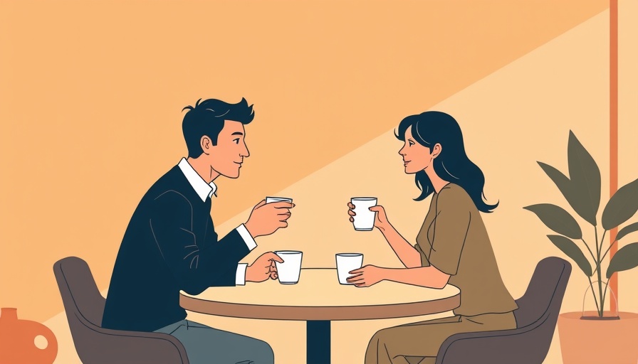 Minimalistic illustration of two people talking at a table.