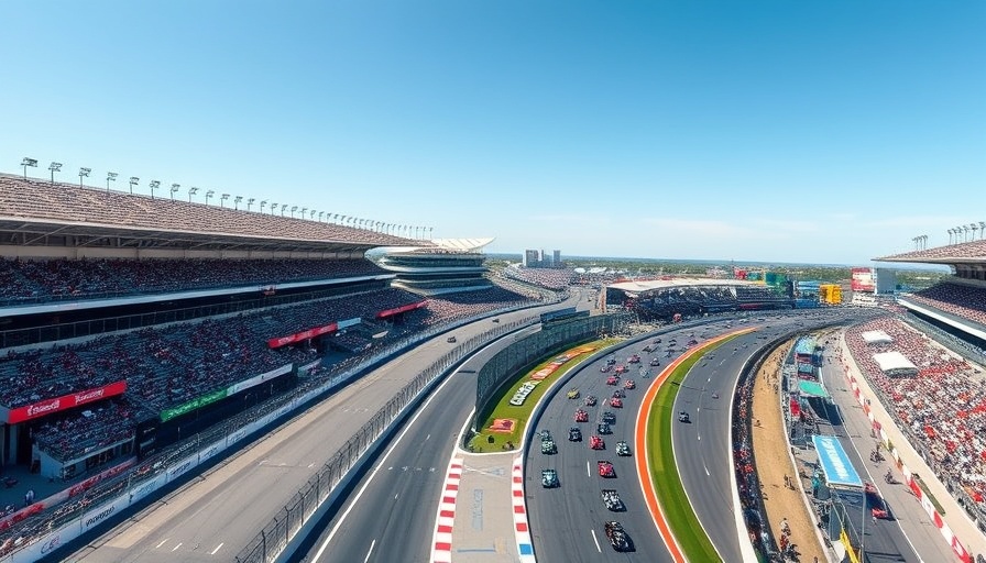 COTA F1 Grand Prix circuit with racing cars and grandstands.