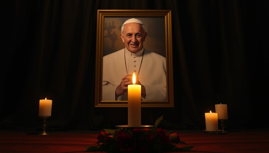 Candlelit portrait of Pope Francis, warm glow, in dim lighting.