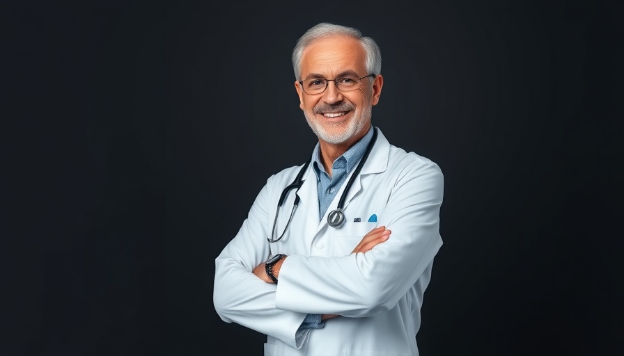 Older male doctor smiling confidently against dark background.