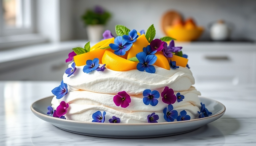 Aquafaba Pavlova with Mango Mint and Lime Coconut Cream topped with edible flowers.