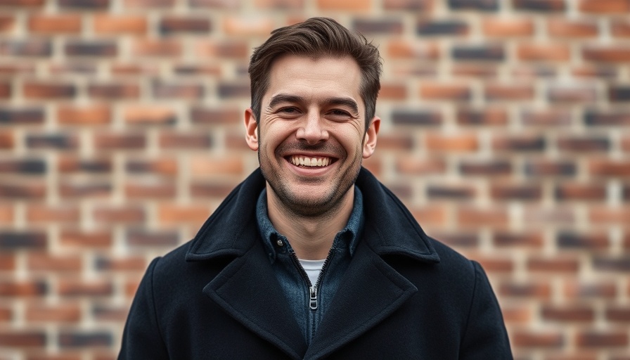 Cheerful man smiling outdoors, brick wall backdrop.